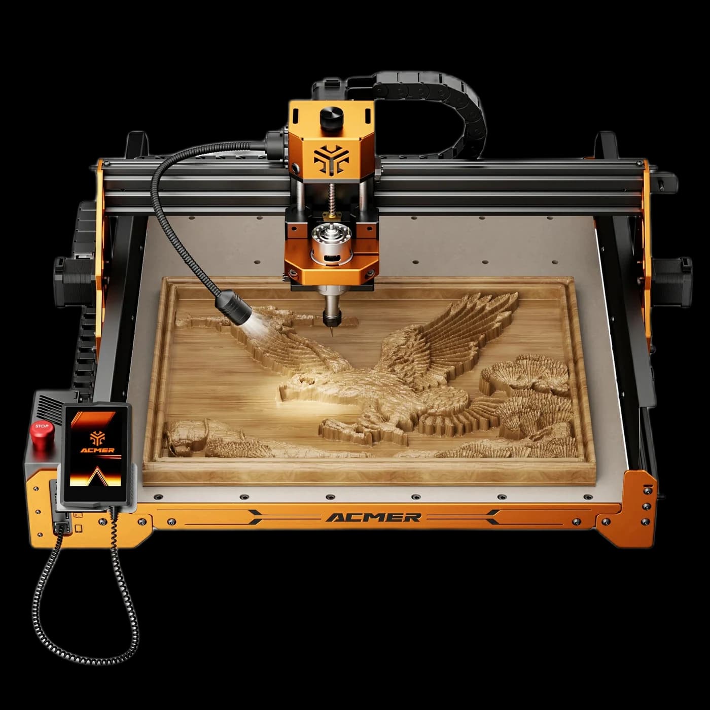 Official ACMER ASCARVA 4S CNC router product photo with carved wood relief on the work bed