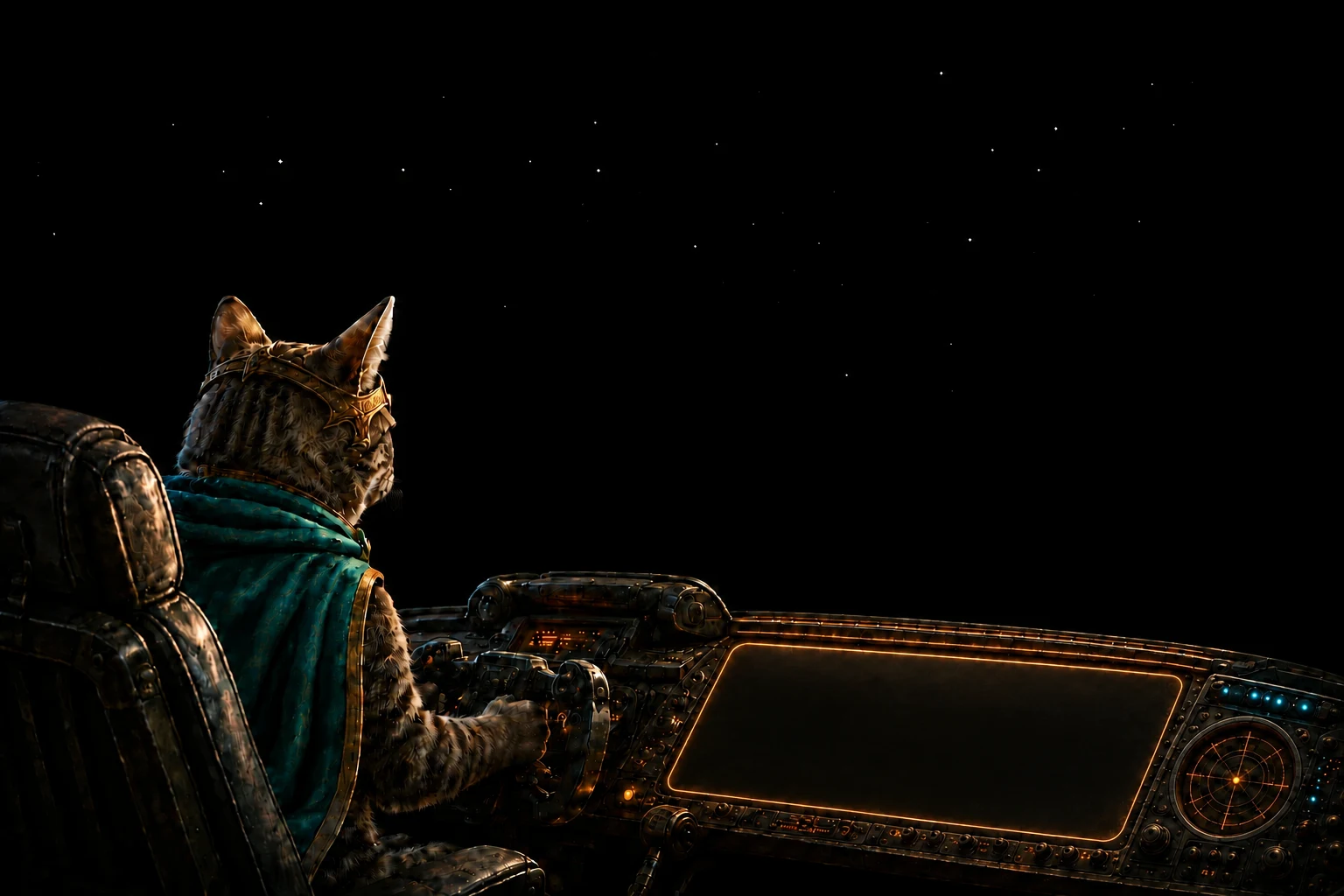Illustrated cockpit with a cat pilot at the controls under a field of stars