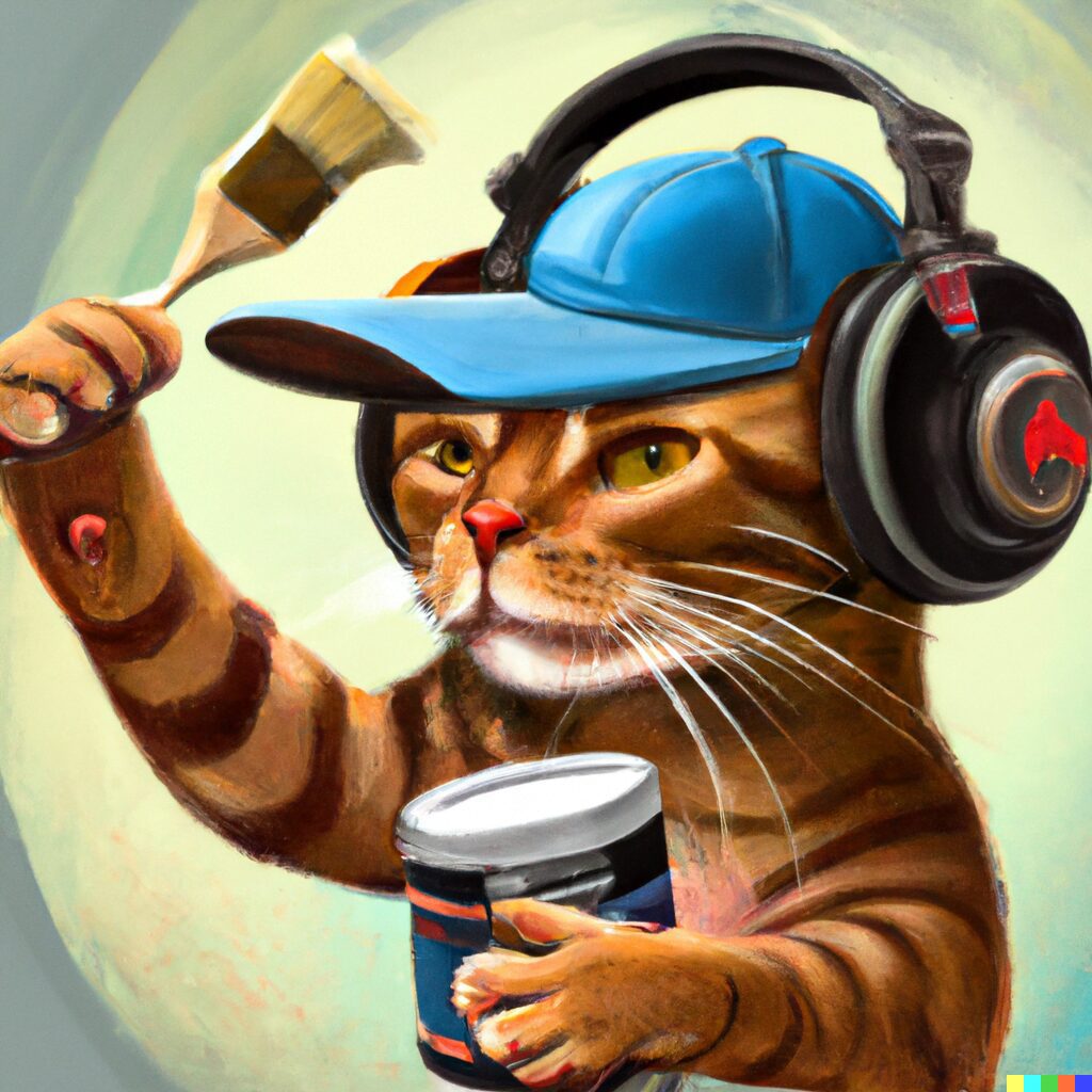 DALL-E 2 Woodworking Guides bro cat wearing a backwards hat listening to big headphones, dipping a thick paint brush with brown bristles into a can with one paw, cinematic