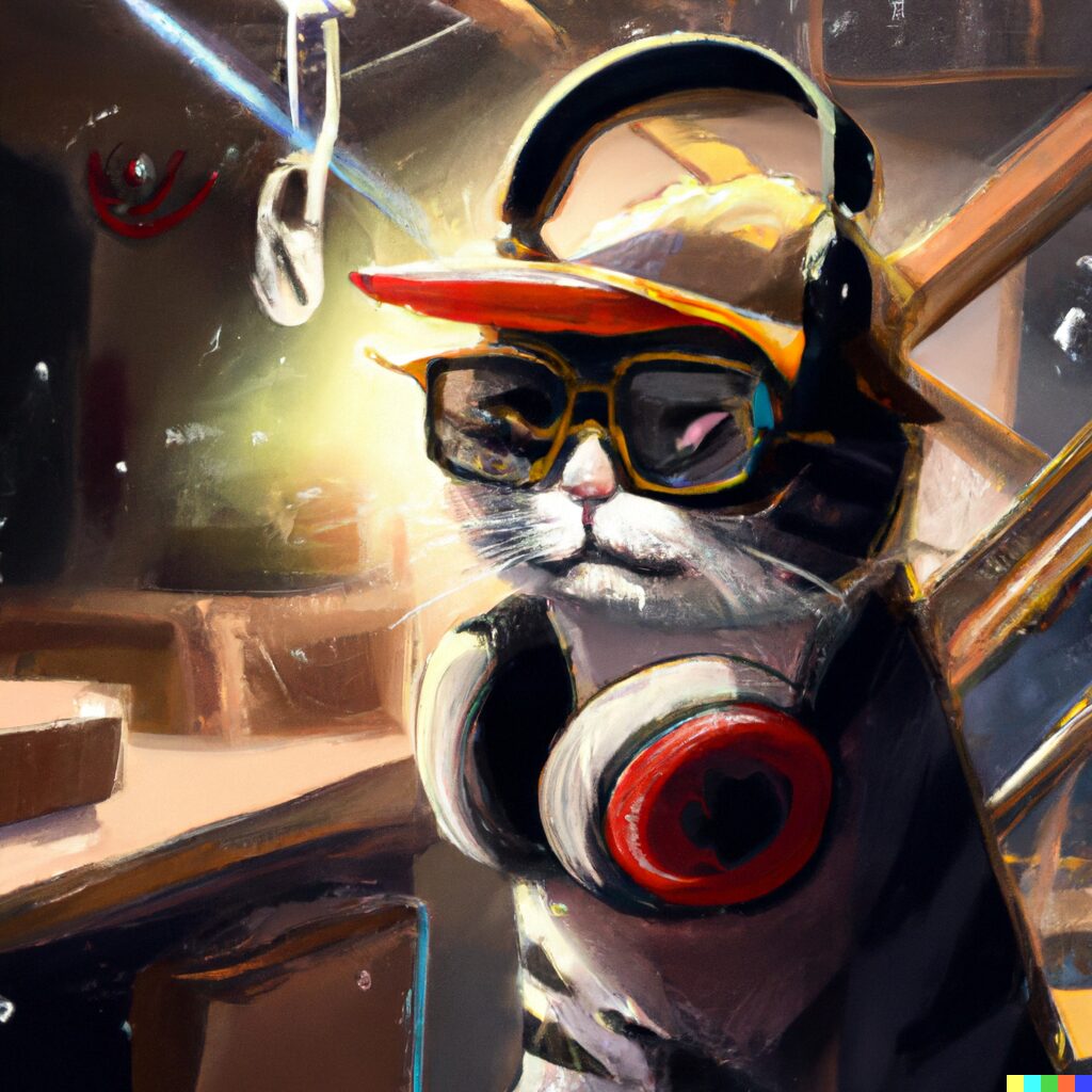 DALL·E 2022-08-19 07.38.26 - _bro cat with backwards hat and headphones and safety glasses_, _bro cat is looking at a white front loading dryer_, _background is a woodworking shop