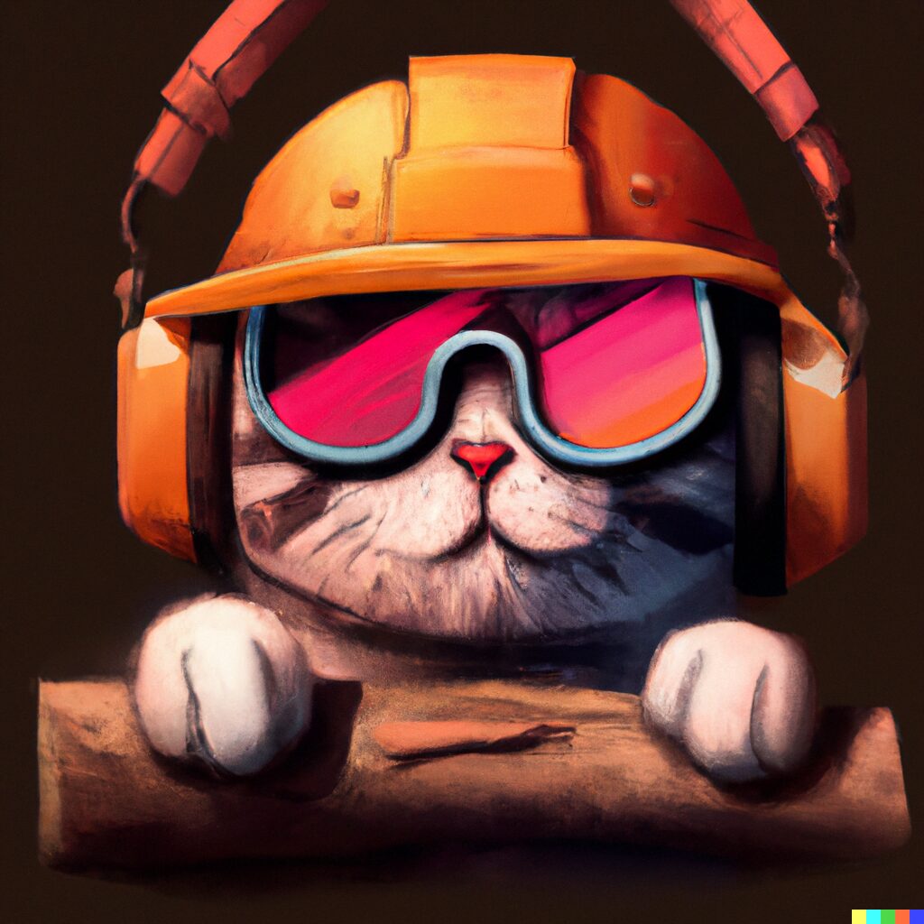 DALL·E 2022-08-28 16.37.53 - _shy bro cat with backwards hat and headphones and safety glasses_, _bro cat is holding a piece of wood over his head_, cinematic lighting, digital ar