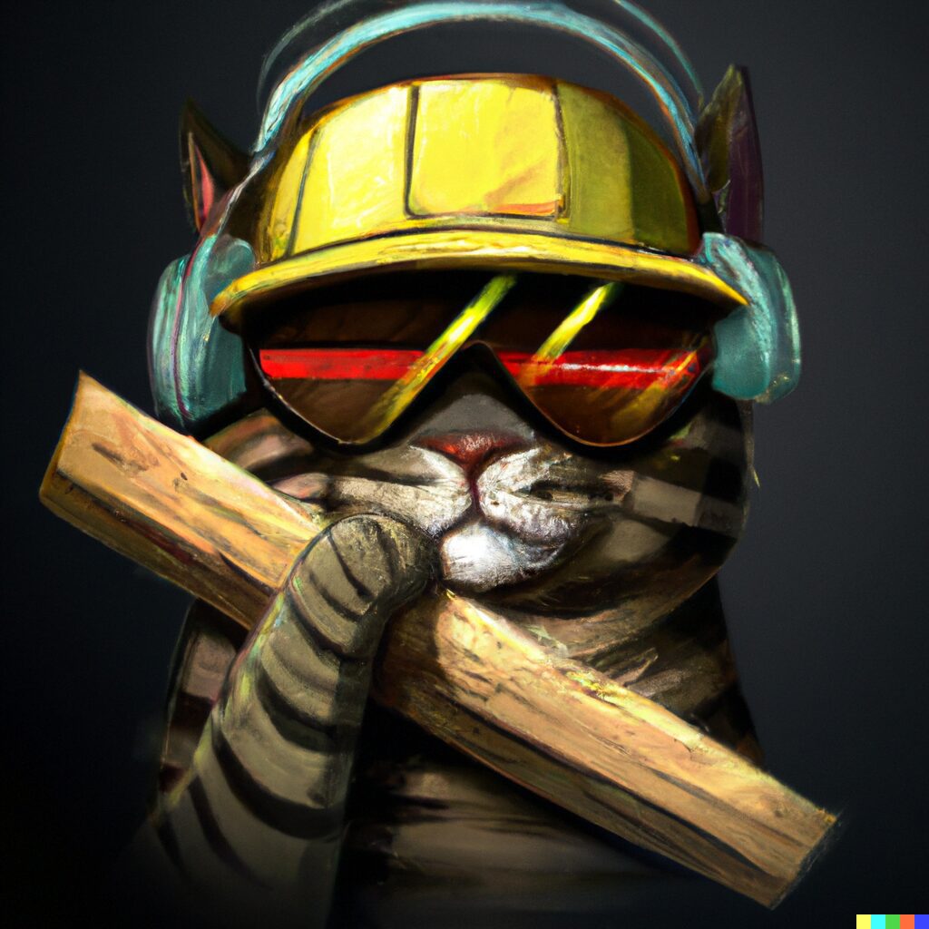 DALL·E 2022-08-28 16.39.20 - _bro cat with backwards hat and headphones and safety glasses holding a piece of wood over his head_, cinematic lighting, digital art