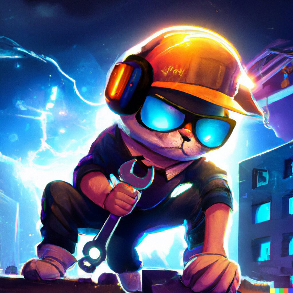 DALL·E 2022-08-29 19.17.08 - _bro cat with backwards hat and headphones and safety glasses hammering on a wall_, cinematic lighting, digital art