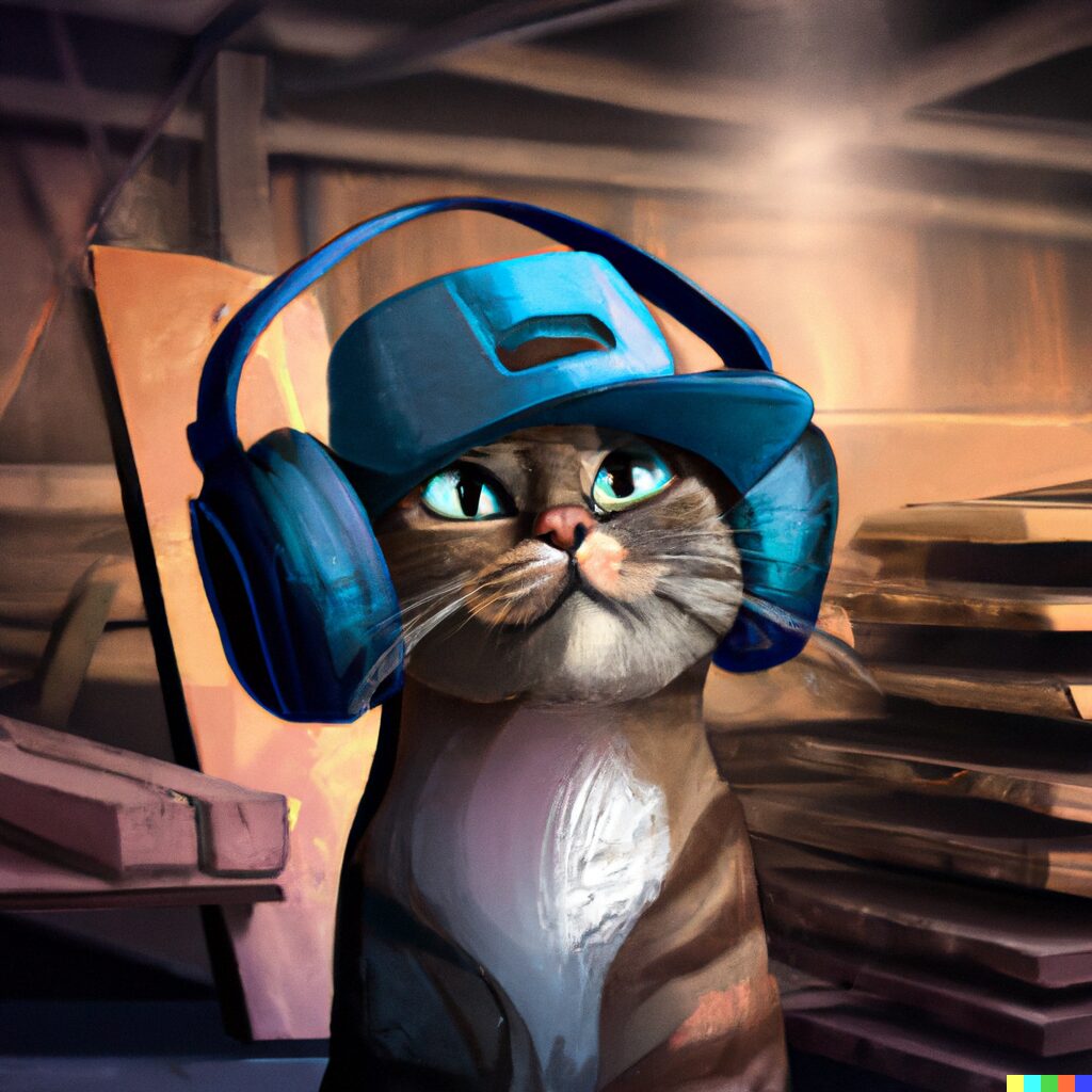 DALL E images of cats woodworking guides - happy bro cat wearing a backwards hat listening to big headphones, staring at a pile of slab wood, in a garage, cinematic lighting, digital art