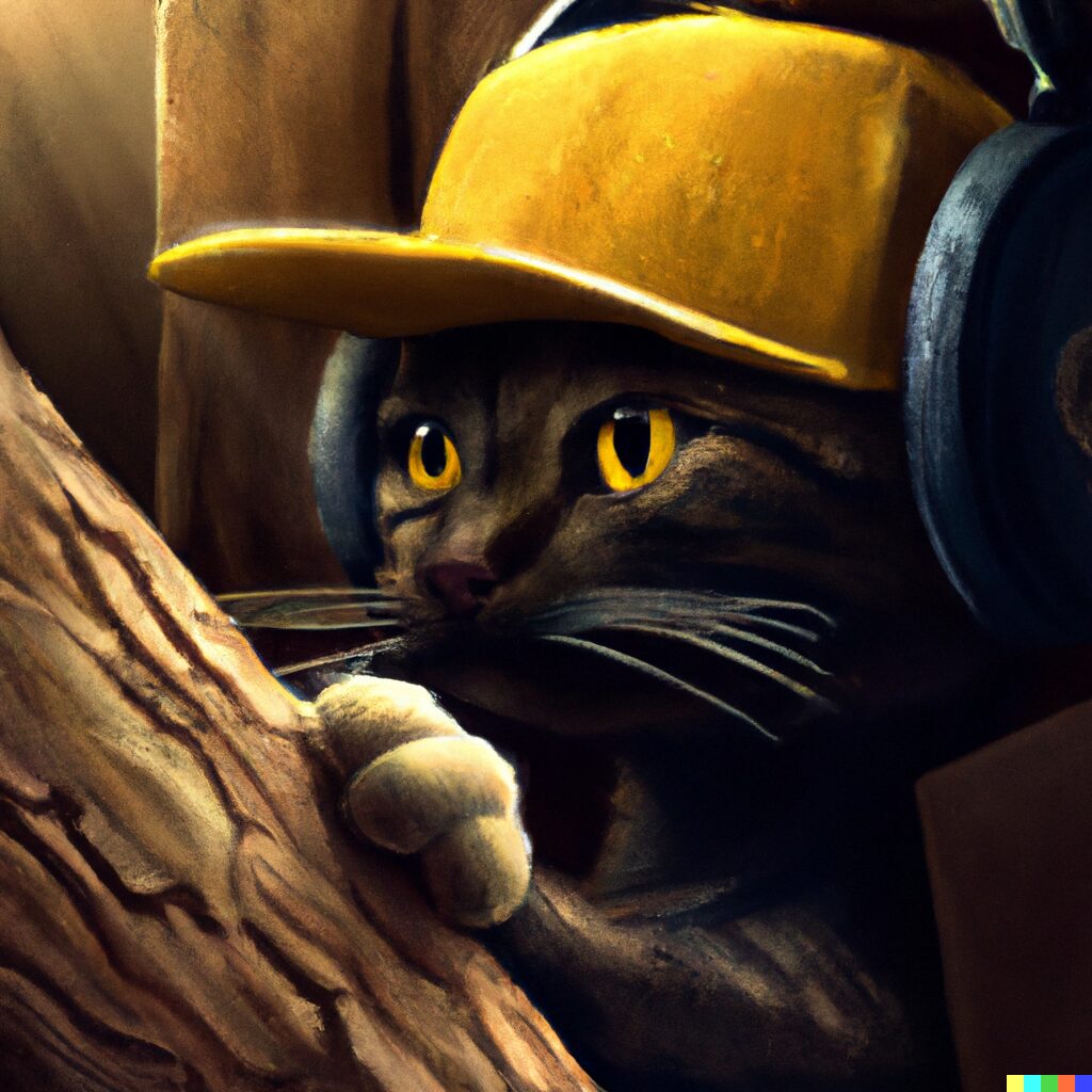 DALL·E images of cats woodworking guides weathered piece of wood, bro cat wearing a backwards hat listening to big headphones, cinematic lighting, digital art