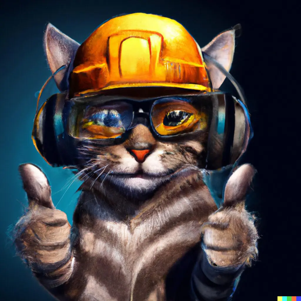 DALL·E 2022-08-17 09.19.01 - happy bro cat with hat and headphones and Dewalt safety glasses, giving a big thumbs up, cinematic lighting, digital art