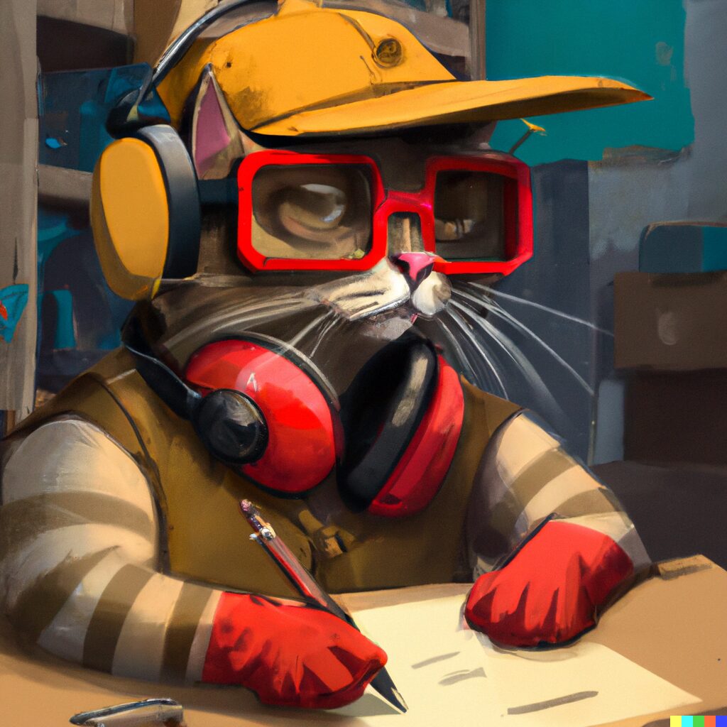 DALL·E 2022-08-17 13.48.55 - _scrappy bro cat with hat and headphones and Dewalt safety glasses_, _sitting at a workbench with a clipboard_, _scrappy bro cat checking red boxes on