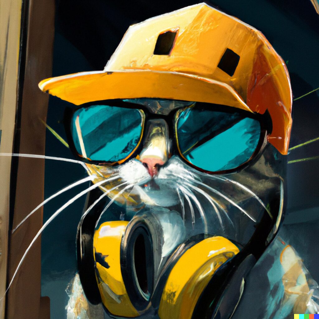 DALL·E images energetic bro cat with hat and headphones and Dewalt safety glasses