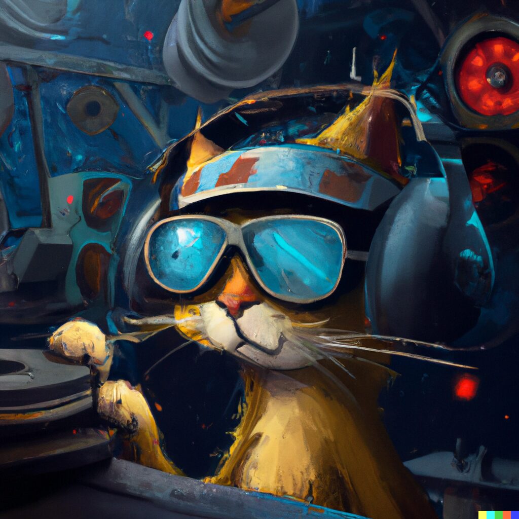 DALL E images -08-19 07.39.10 - _bro cat with backwards hat and headphones and safety glasses_, _bro cat is looking at a front loading dryer_, _background is a woodworking shop