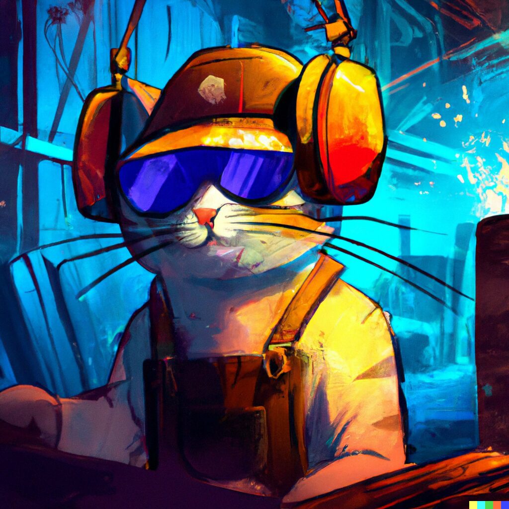 Dalle 2 images _bro cat with backwards hat and headphones and safety glasses_, _bro cat is looking at a front loading drying machine_, _background is a woodworking s