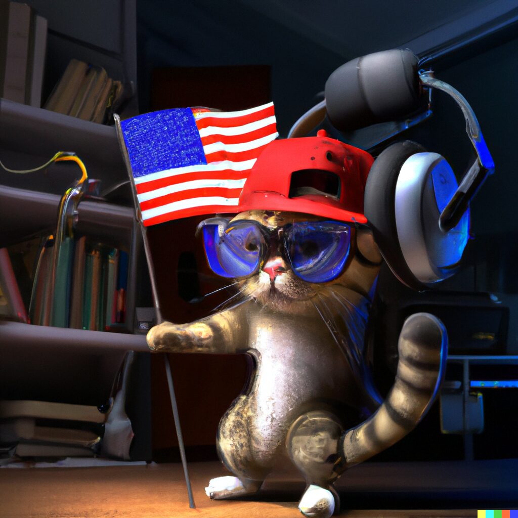 DALL·E 2022-08-17 15.37.44 - _energetic bro cat with hat and headphones and Dewalt safety glasses_, _pawing a mouse that is on the floor of a woodworking shop_, cinematic lighting