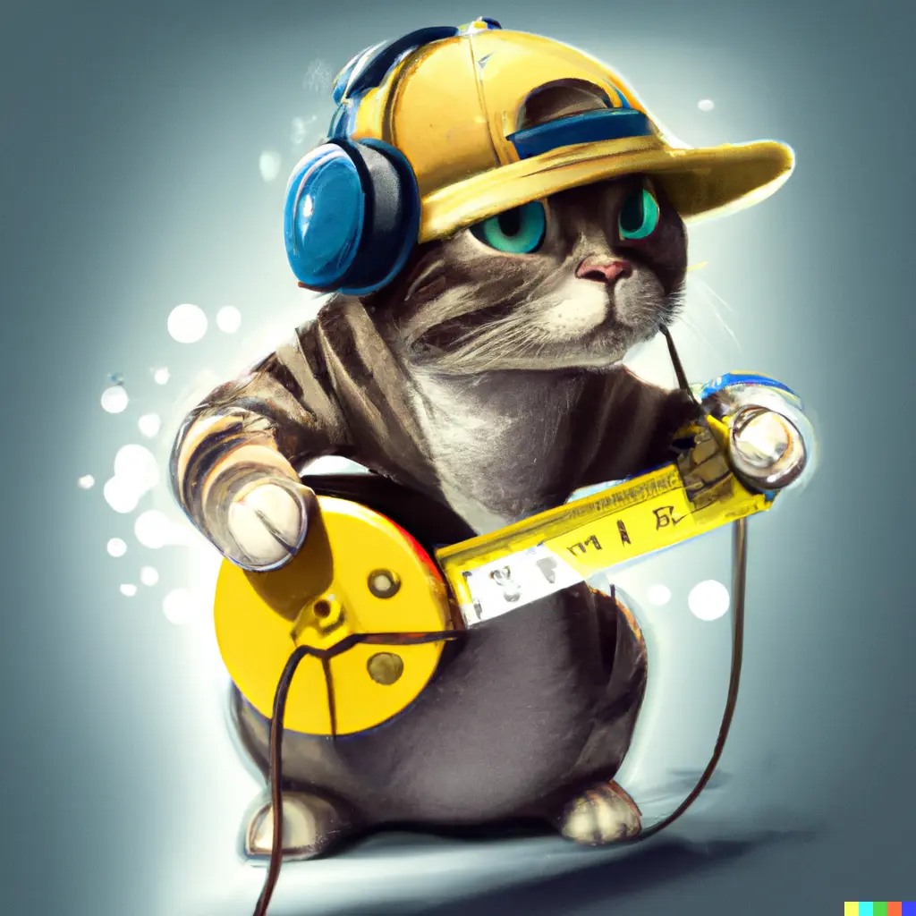 DALL·E 2022-08-17 09.04.52 - happy bro cat with hat and headphones, holding tape measure, measuring something, cinematic lighting, digital art