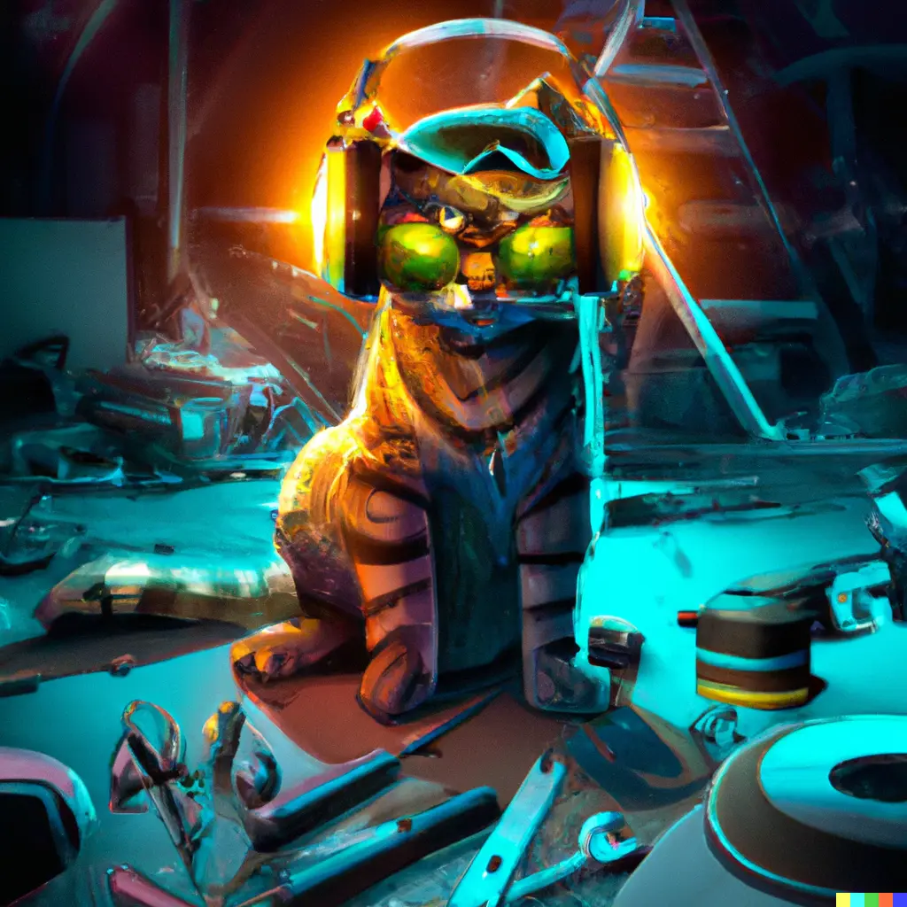 DALL·E 2022-08-28 21.07.10 - _bro cat with backwards hat and headphones and safety glasses surrounded by tools_, cinematic lighting, digital art