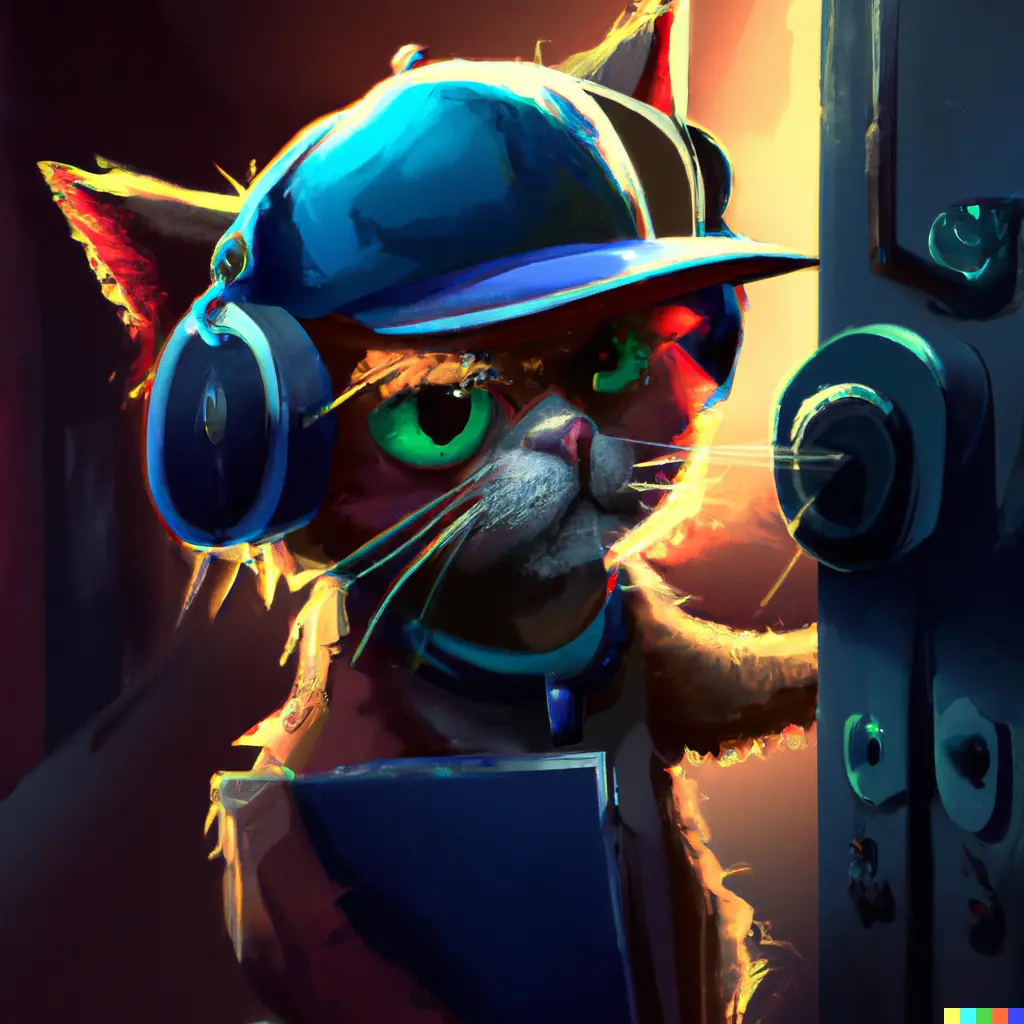 DALL·E 2022-08-29 19.09.07 - _bro cat with backwards hat and headphones, holding a door_, cinematic lighting, digital art