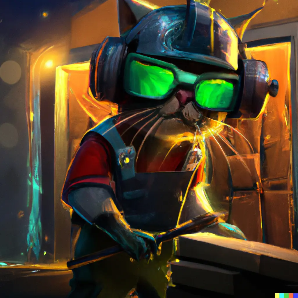 DALL·E 2022-08-29 19.20.21 - _bro cat with backwards hat and headphones and safety glasses hammering a wall_, cinematic lighting, digital art