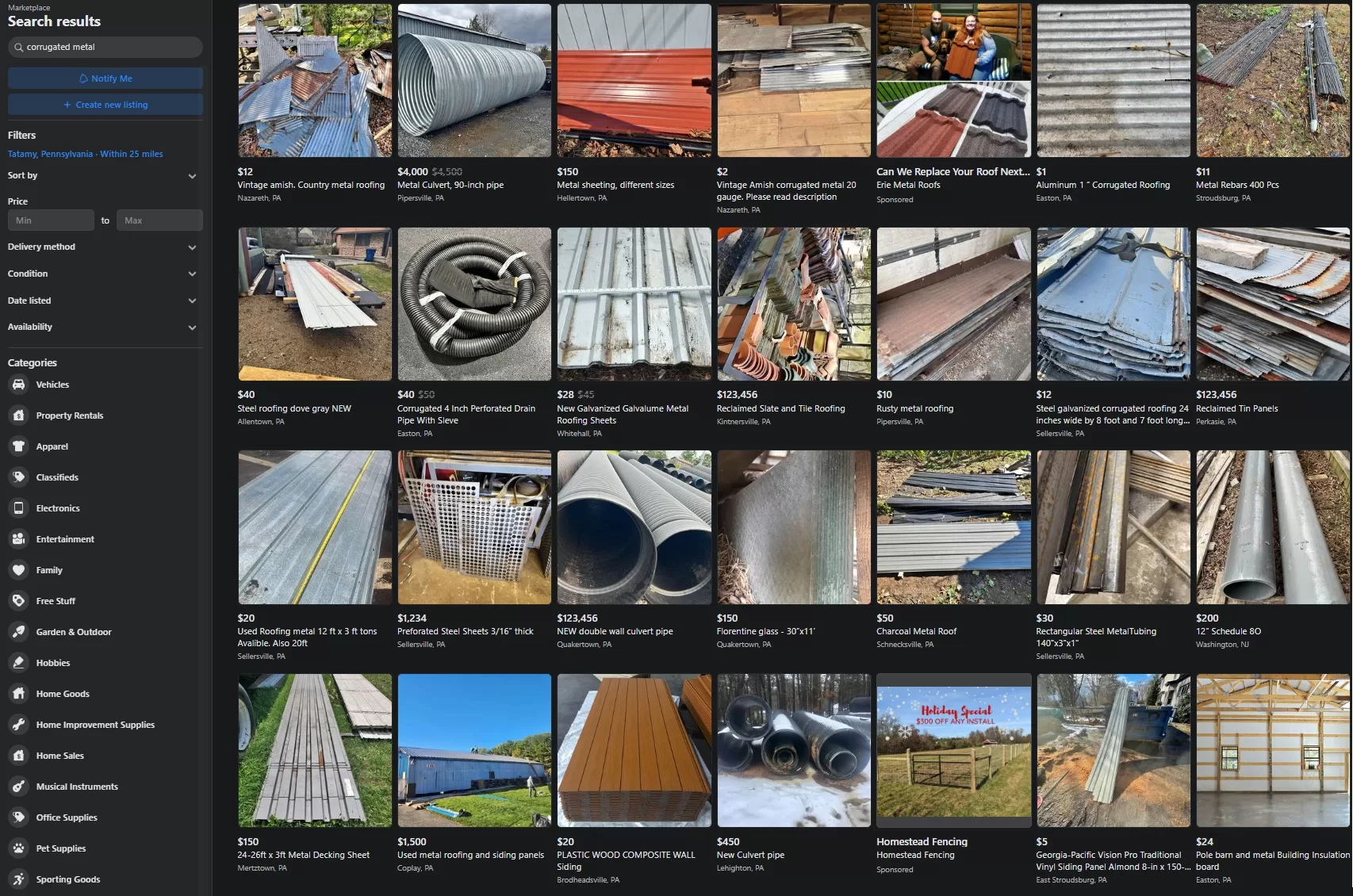 image of facebook marketplace showing corrugated metal listings