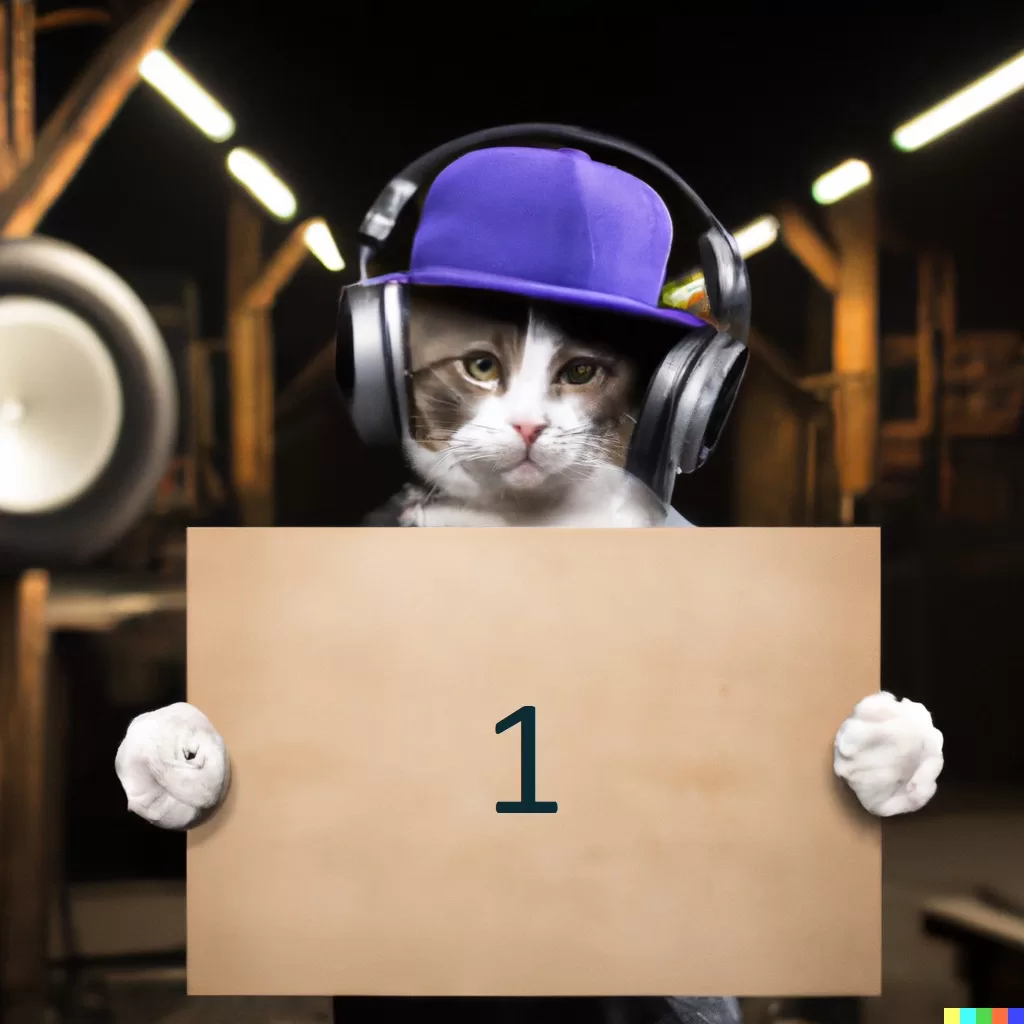 DALL·E 2023-02-07 16.30.43 - bro cat with backwards hat and headphones, holding a blank white sign, in a woodshop, woodshop has an arcade machine, cinematic lighting_1