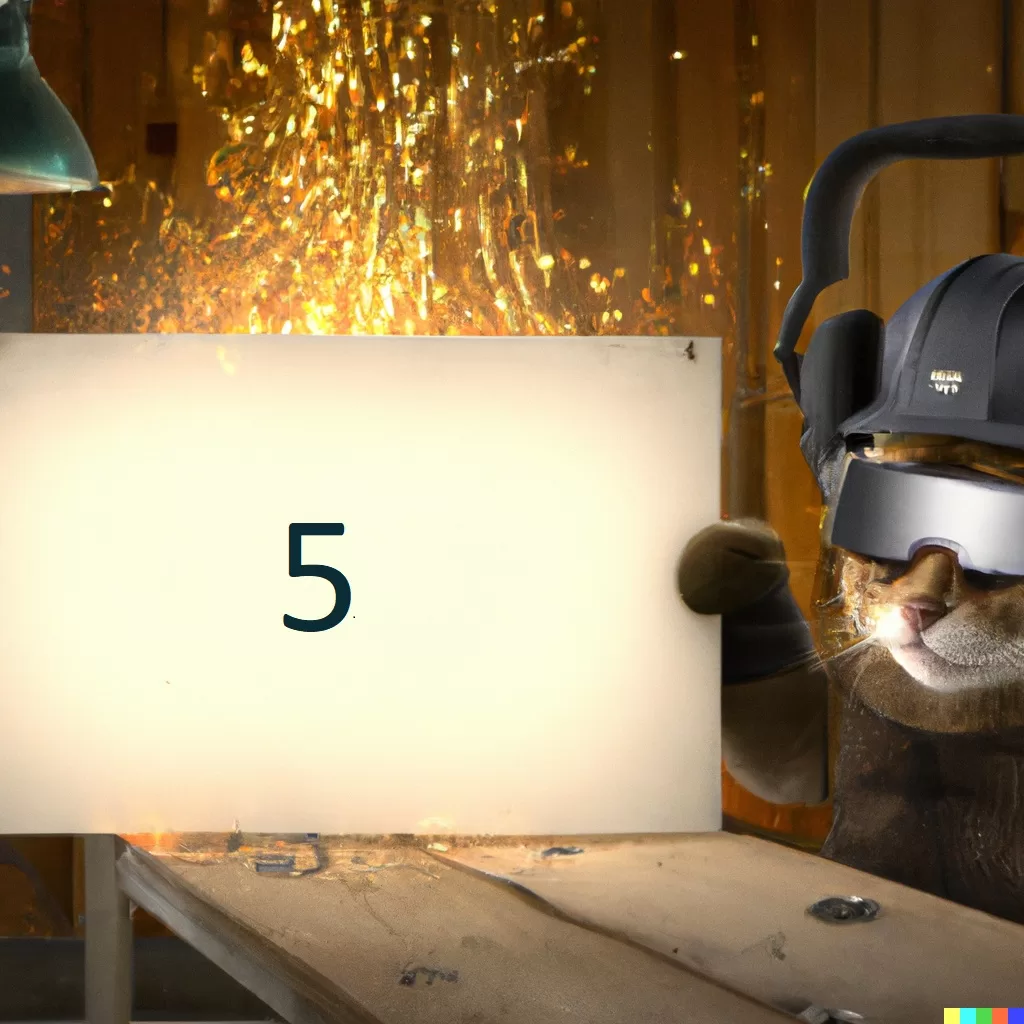 DALL·E 2023-02-08 10.07.09 - bro cat with hat and headphones and large safety glasses, bro cat is holding a blank white sign, metal sparks flying, woodworking shop background, dig_5