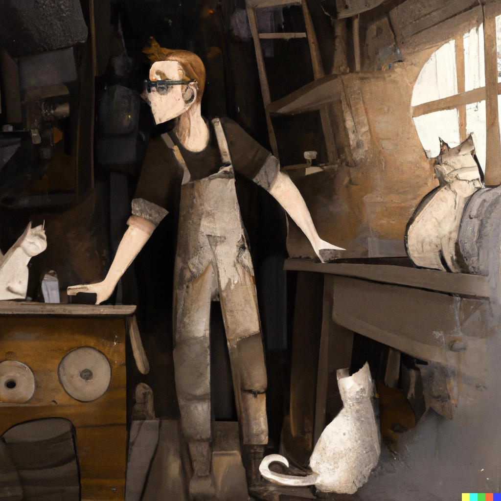 DALL·E 2023-03-15 13.22.48 - tattered woodworker working in a workshop. clothing resembles a worn spacesuit. Elements of woodworking in the background and multiple cats. Cinematic