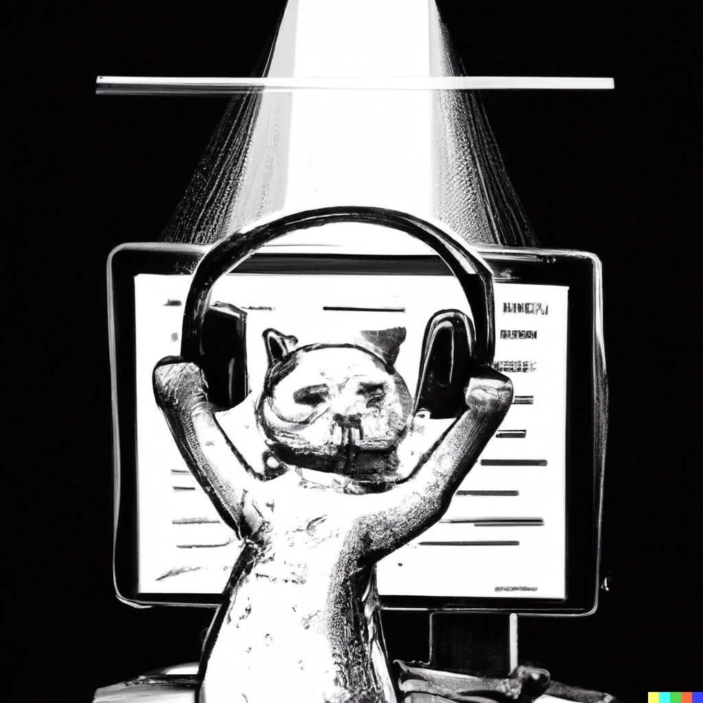 DALL·E 2023-03-15 13.26.16 - A cat with headphones holding a computer above his head, cinematic lighting, sketch