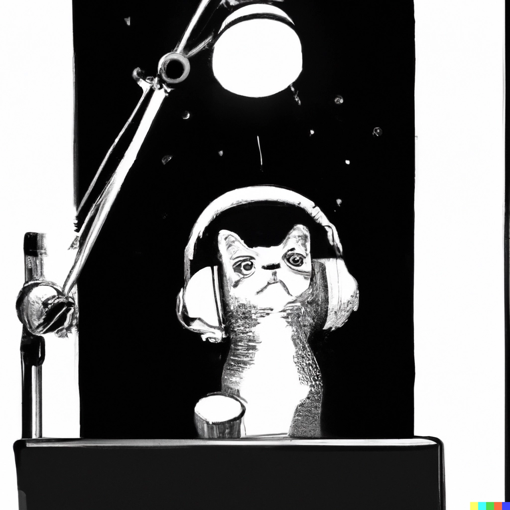 DALL·E 2023-03-15 13.27.36 - A cat with headphones holding a computer above his head, cinematic lighting, sketch