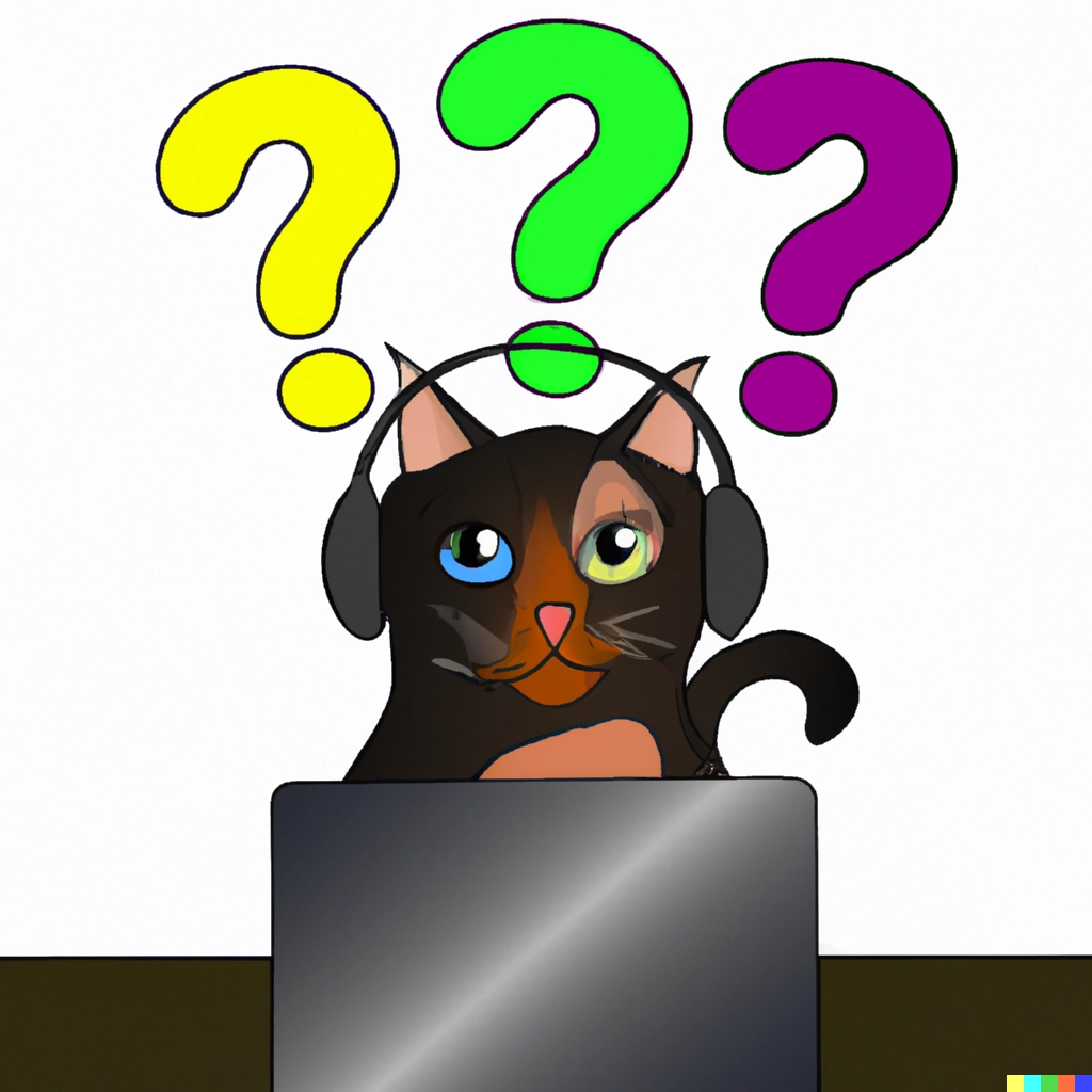 DALL·E 2023-03-15 13.31.16 - A cat with headphones sitting at a computer with a question mark above his head, the question mark looks like it is made of wood and is vivid in color