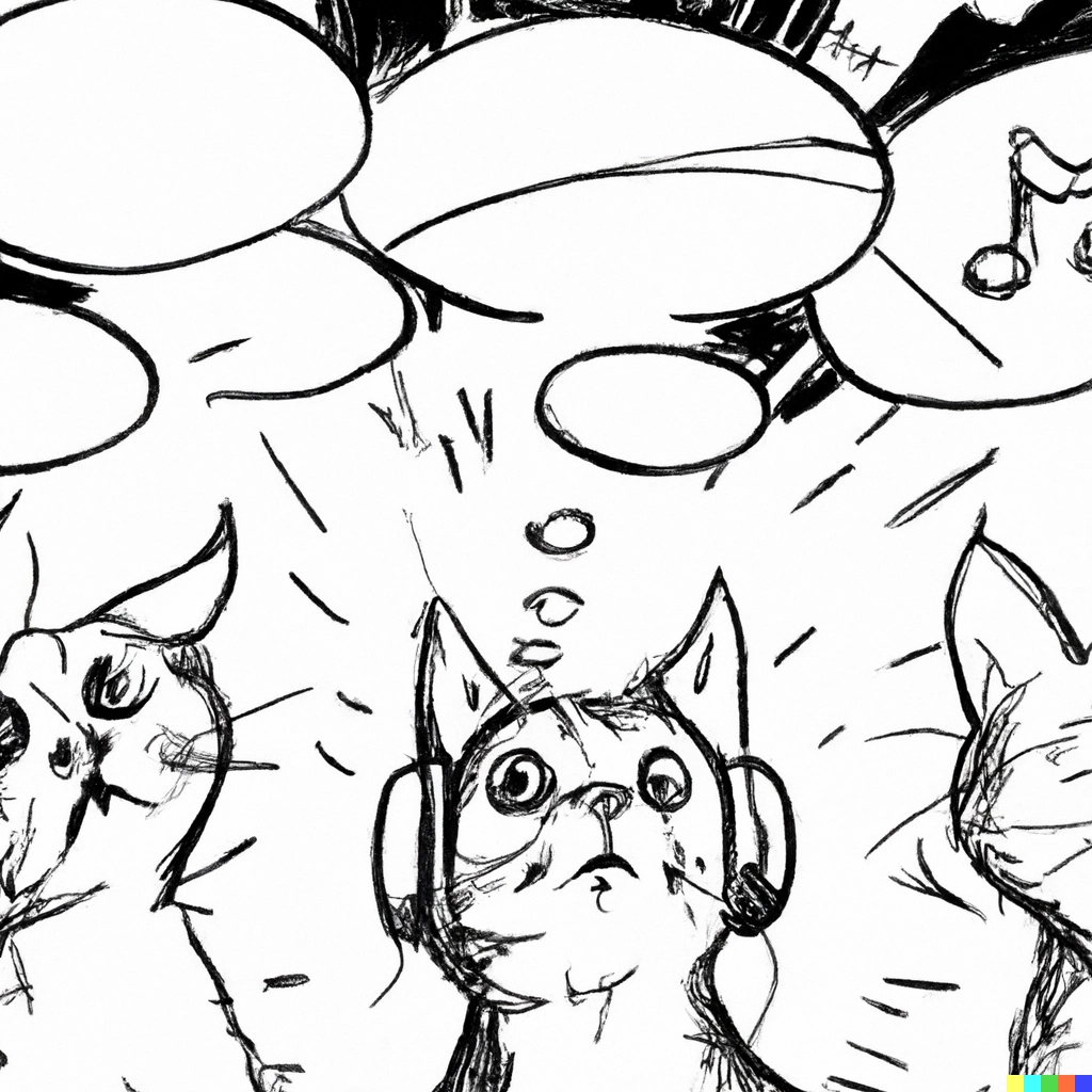 DALL·E 2023-03-15 13.35.48 - multiple cats with headphones looking confused with thought bubbles above their heads, cinematic lighting, sketch
