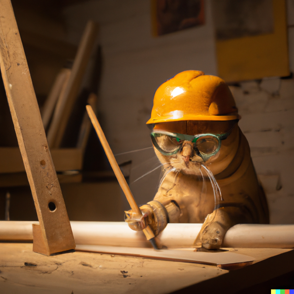 Cat using a pencil, woodworking