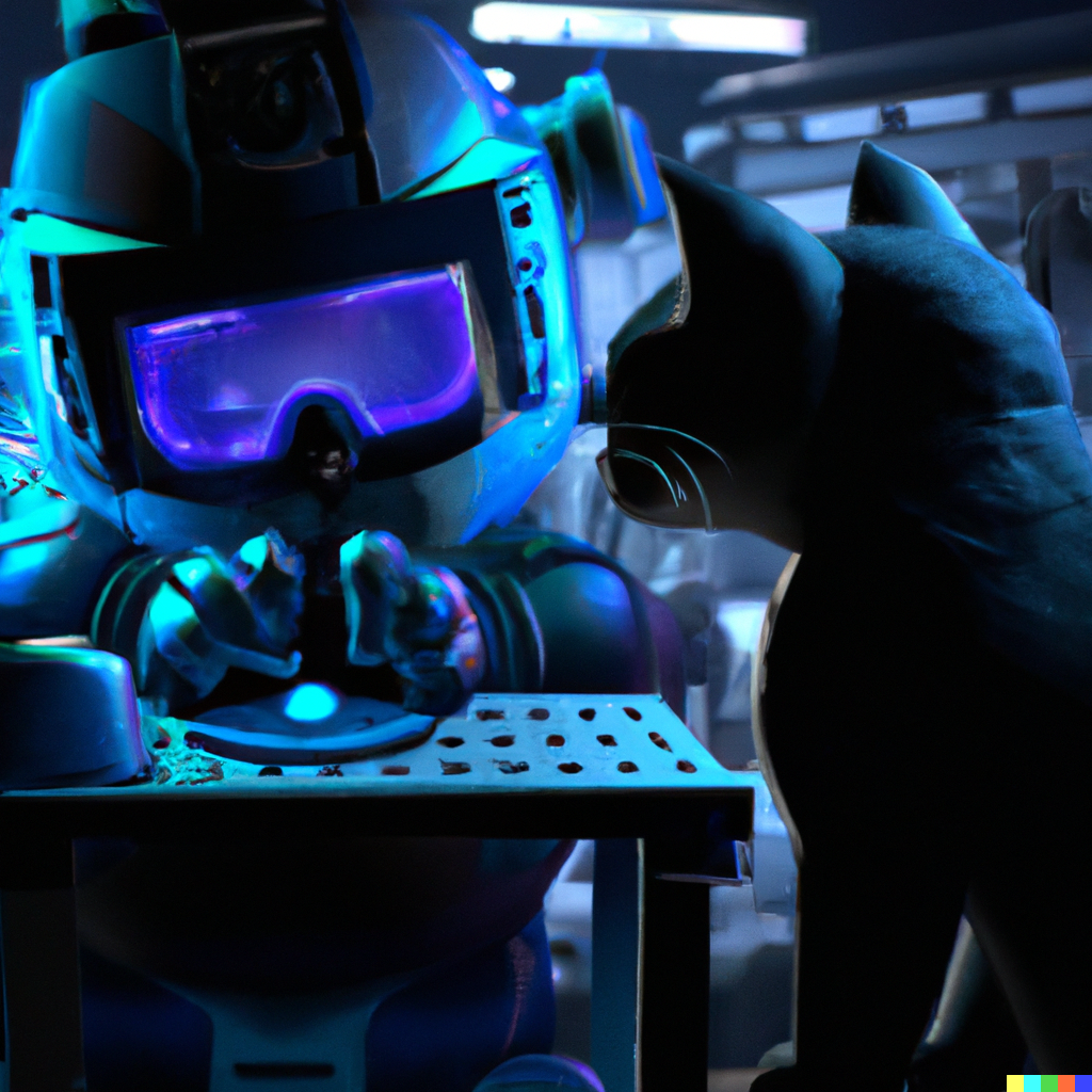 Robot working on a CNC machine with a cat watching, digital art, cinematic lighting, dalle-2 image