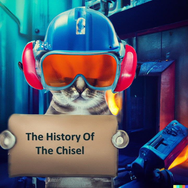 Cat holding a wooden sign that reads: The History of The Chisel