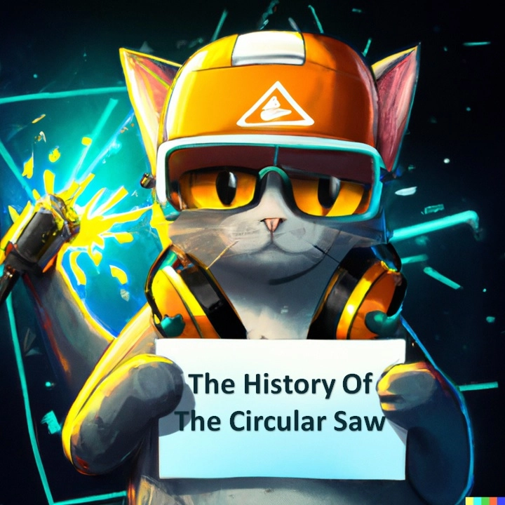 Cat holding a sign that reads "The History of The Circular Saw"