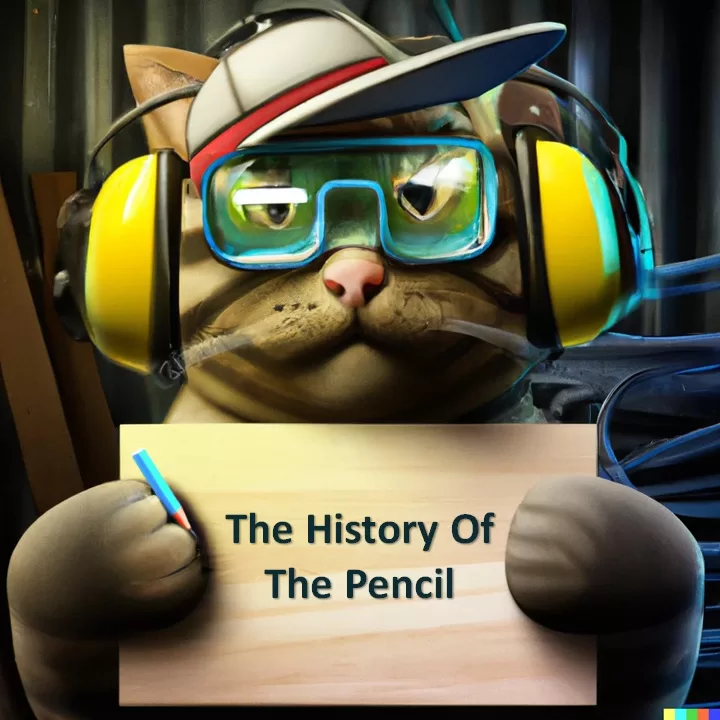 A Cat Holding a sign that reads "The History of The Pencil"