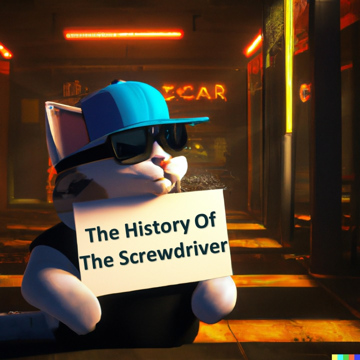 Cat holding a sign that reads "The History of The Screwdriver"
