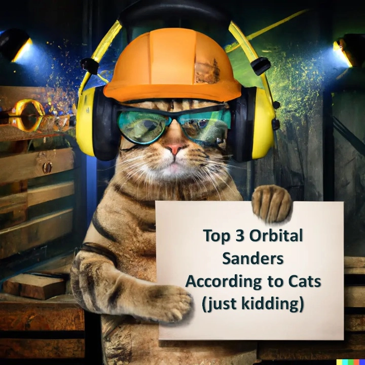 Cat Wearing a construction hat and headphones, holding up a sign that reads "Top three orbital sanders"