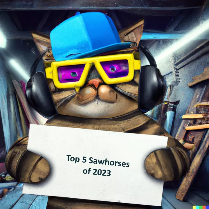 digital cat with hat and colorful glasses holding a sign that reads: Top 5 Sawhorses of 2023