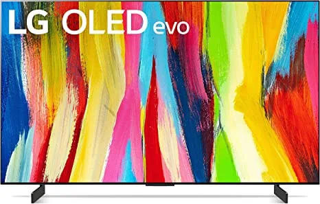 LG C2 Product Photo, multicolored tv product photro. Textr upper left that reads "LG OLED evo"