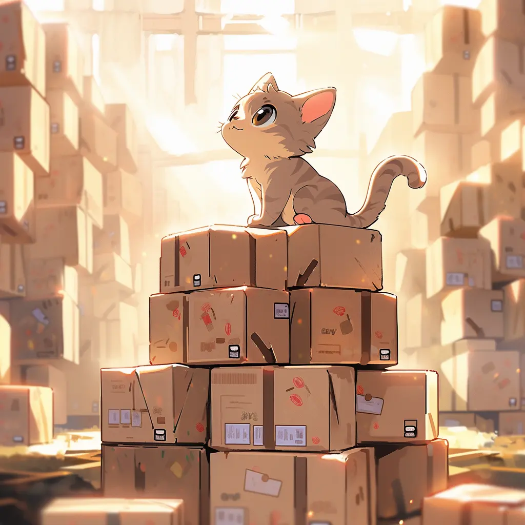 A cat smiles on top of a stack of amazon boxes for prime day. Happy to have saved money on the best deals of the year.