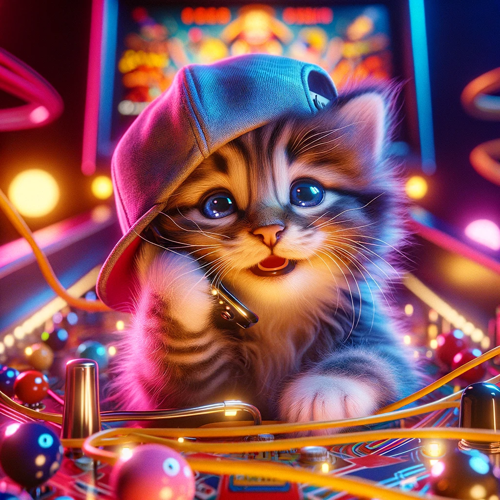 Cat on a pinball machine, holding a phone